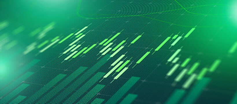 Abstract green financial data visualization with glowing candlestick-like bars on a teal backdrop