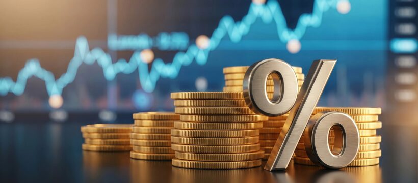 Stacks of gold coins with a large metallic percent sign in the foreground and a blurred blue stock chart in the background, signaling financial growth.